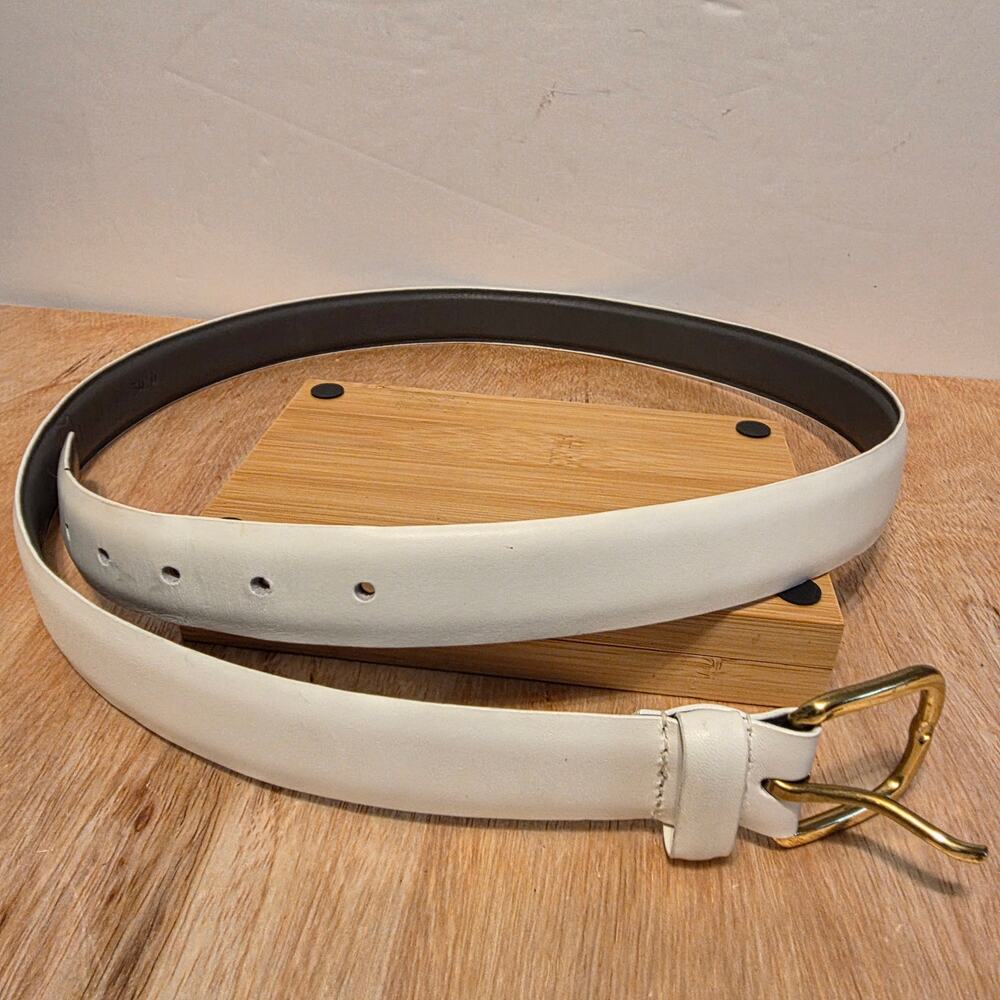 White smooth leather belt with solid Brass Buckle 47' L 1 1/8" W
